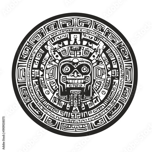 Black and white Aztec calendar stone design featuring stylized skull face and intricate geometric patterns in circular layout isolated on white background flat vector illustration