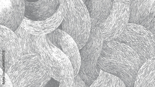 Abstract pattern of overlapping organic shapes with textured lines in grayscale