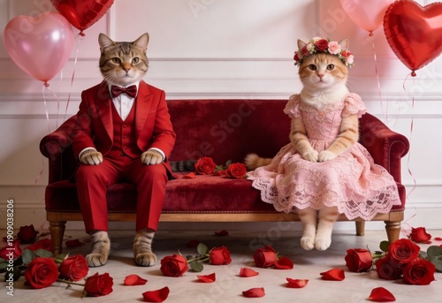 Adorable cat couple dressed elegantly in red and pink Valentine’s Day romance scene with roses balloons