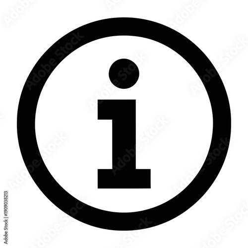 A black and white icon of an information symbol on a plain background