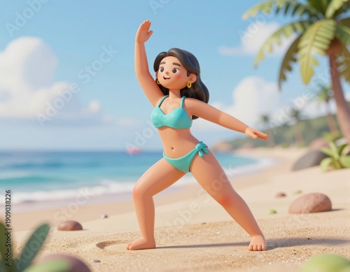 Young woman practicing yoga on sunny tropical beach wearing turquoise bikini under palm trees
