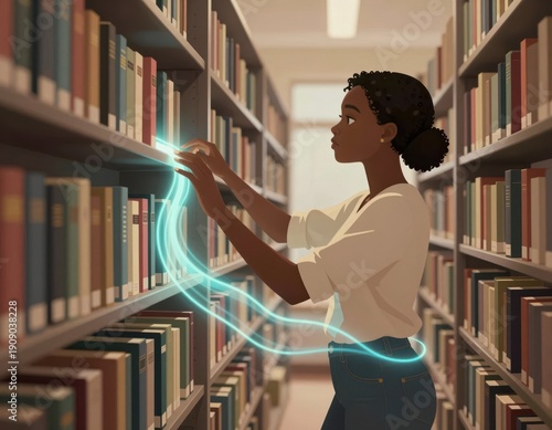 Young woman exploring library shelves with glowing digital connection between books and hands