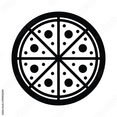 A stylized illustration of a whole pizza cut into eight slices