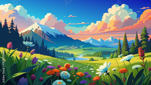 mountain landscape with flowers