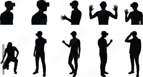 Virtual reality headset user silhouettes set isolated on white background, VR interaction and immersive technology concept collection