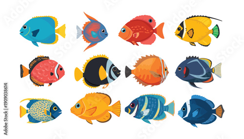 Vibrant collection of diverse tropical fish illustrations showcasing colorful marine life and aquatic creatures