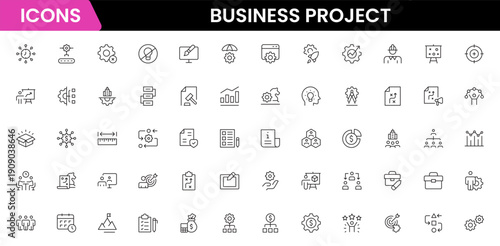 Business set of web icons in linear style. Business Project icons for web and mobile apps. Business, organisation management, planning, project, startup, marketing, teamwork. Vector illustration