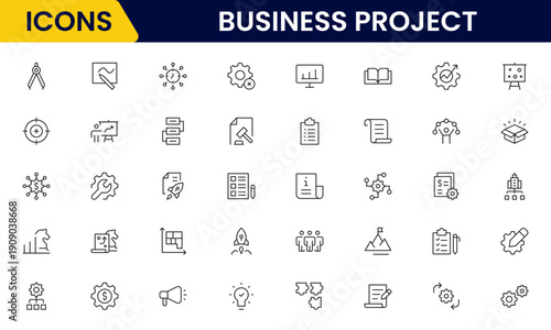 Business set of web icons in linear style. Business Project icons for web and mobile apps. Business, organisation management, planning, project, startup, marketing, teamwork. Vector illustration