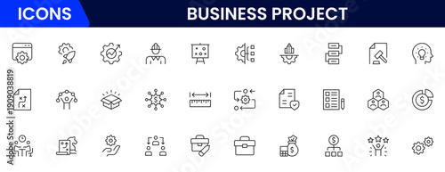 Business set of web icons in linear style. Business Project icons for web and mobile apps. Business, organisation management, planning, project, startup, marketing, teamwork. Vector illustration