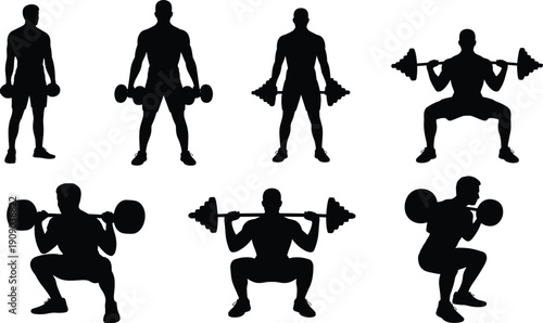 Weightlifting silhouette collection, athlete lifting barbell and dumbbell training poses set, fitness bodybuilding exercise outline figures isolated on white background design