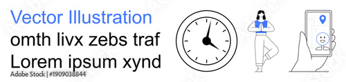 Productivity, mindfulness, navigation, time management, tech usage, lifestyle balance. A clock, a person meditating and a smartphone with a location pin. Mindfulness and productivity concept