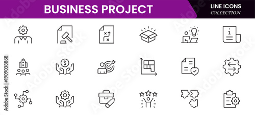 Business set of web icons in linear style. Business Project icons for web and mobile apps. Business, organisation management, planning, project, startup, marketing, teamwork. Vector illustration