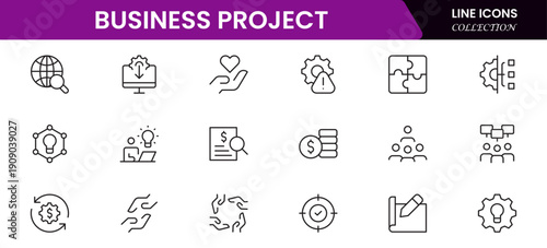 Business set of web icons in linear style. Business Project icons for web and mobile apps. Business, organisation management, planning, project, startup, marketing, teamwork. Vector illustration