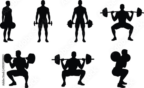 Weightlifting workout silhouettes collection, athlete strength training exercises with barbell and dumbbells, gym fitness activity isolated black vector illustration for design use