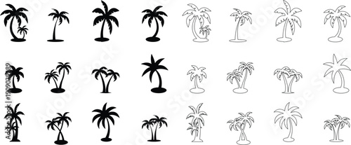 Palm tree vector set collection group with tropical coconut tree silhouette and outline icons, summer beach nature symbol isolated on transparent background, editable minimalist design