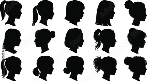 Women profile silhouette collection, female head side view avatar set, hairstyle variation icons isolated on white background for beauty and fashion design
