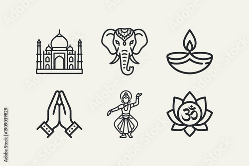 Traditional Indian Culture Festivals and Spirituality Outline Icons