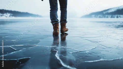 A person walks on a frozen lake with cracks visible in the ice while surrounded by a winter landscape and distant mountains in the background