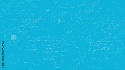 Faded handwritten script on bright blue background with textured scratches and ink splatters handwriting