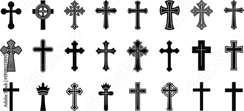 Christian cross silhouette collection featuring various religious crucifix designs, ornate church symbols and spiritual faith icons isolated on white