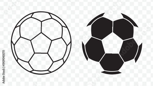 Soccer ball or football vector icons, black and white, for sports logo or branding, isolated on Transparent Background
