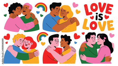 A colorful illustration of diverse couples embracing with love is love message