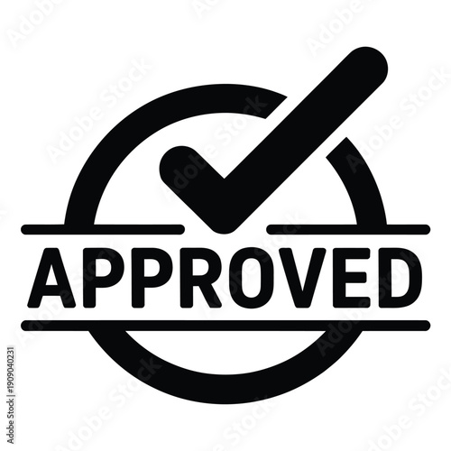 A black and white image of an approved stamp or checkmark logo