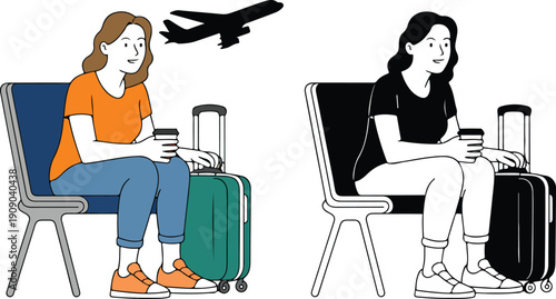 Airport Terminal Scene Vector  Female Traveler with Suitcase and Coffee