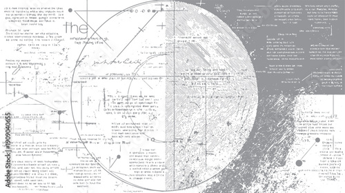 Abstract collage of handwritten text scribbles and geometric shapes in grayscale grunge texture paper