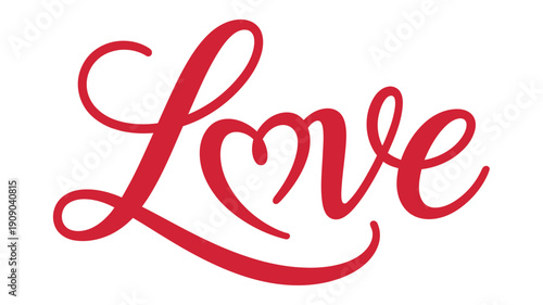 A red cursive love word with a heart on a white background