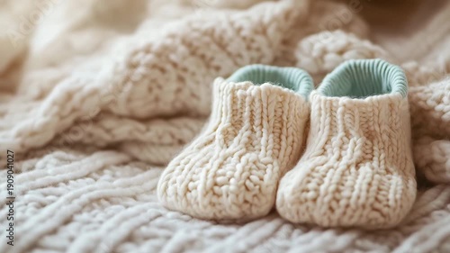 A pair of cream colored knitted baby booties lays on a textured blanket in a warm indoor space