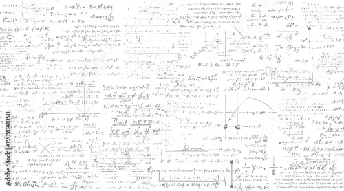 Handwritten mathematical equations and scientific formulas scattered across a white background with faint grey lines and dots