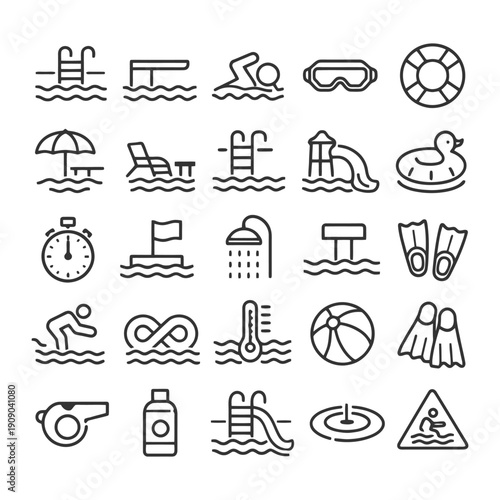 Set of swimming icons including pool, swimmer, goggles, lifebuoy, and more.