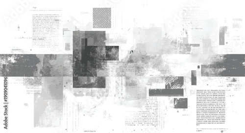 Textured collage of overlapping newspaper fragments and geometric shapes in grayscale tones abstract