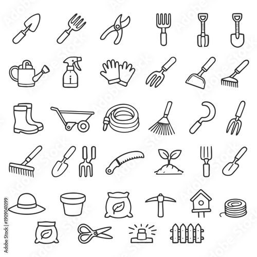 Collection of gardening tools icons: trowel, shears, rake, watering can, gloves.