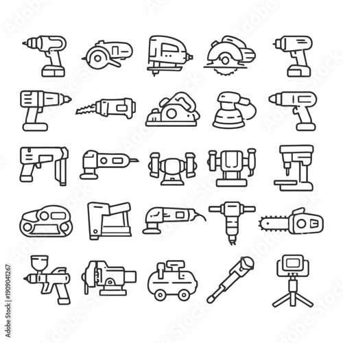 Collection of various handpower tools illustrations in outline style.