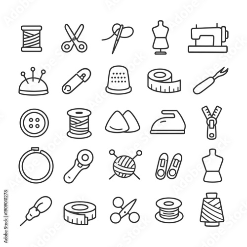 Sewing tools and accessories icons set featuring scissors, needles, spools, and thimble.