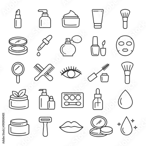 Cosmetic line art collection: skincare, makeup, beauty essentials.