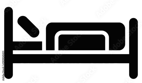 A simple black icon of a bed with a pillow on a white background