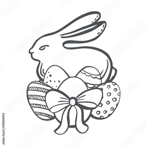 Bunny with Easter dyed eggs vector graphic illustration. Whimsical hand drawn isolated doodle for Easter egg hunt designs. Black and white composition of farm animals and religious symbols for crad.