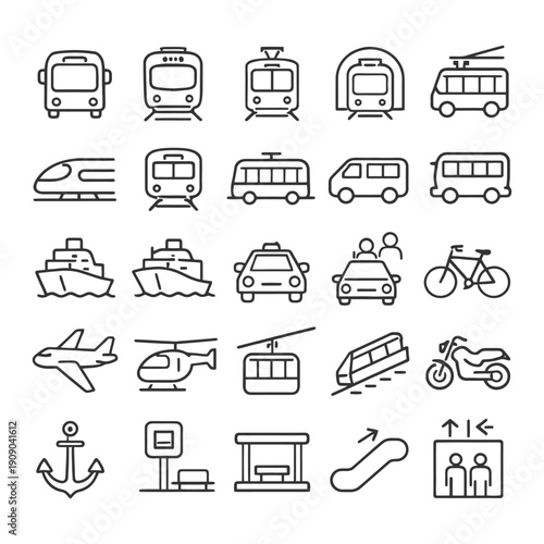 Transportation icons set: buses, trains, boats, cars, bicycles, planes, helicopters.