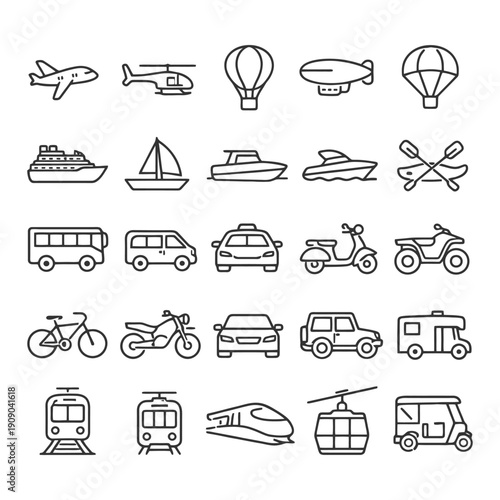 Outline icons of various transportation modes: air, water, land vehicles and more.