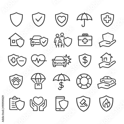 Set of line icons representing insurance concepts and protection symbols.