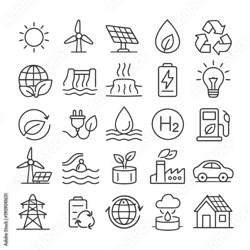 Renewable energy icons: wind, solar, hydro, and alternative power sources.
