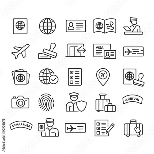 Travel and immigration icons: passport, visa, airplane, customs, luggage.