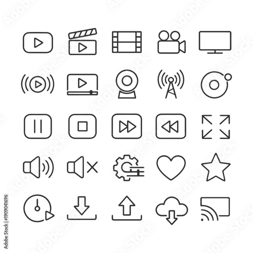 Set of multimedia and playback icons in line art style.