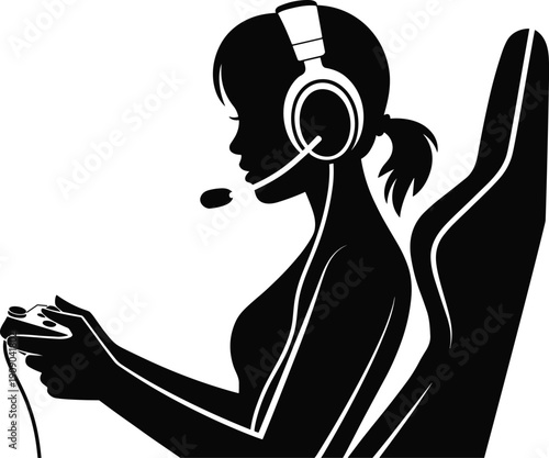 Gamer silhouette, gaming chair, headset microphone, video game controller, wired connection, immersive play, online gaming, lifestyle, hobby, entertainment, technology, console, digital,