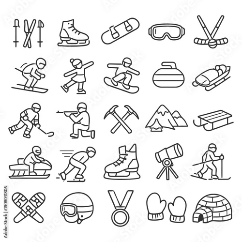Winter sports icons: skiing, snowboarding, ice skating, and more.