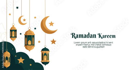 Graphic design featuring hanging lanterns, crescent moon, and stars on a dark background with Ramadan Kareem text in a festive and celebratory mood.