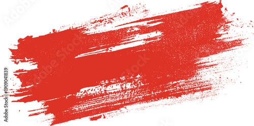 Red paint brush stroke with splatter texture on white background